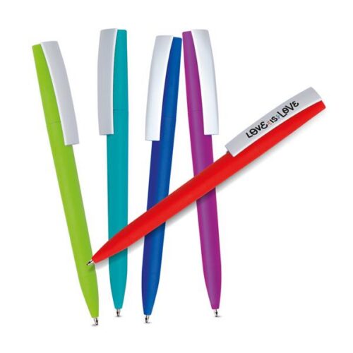 Esferográfica em plástico, acabamento em borracha