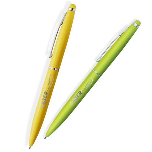 Esferográfica de alumínio e touch. Escrita azul e sistema twist