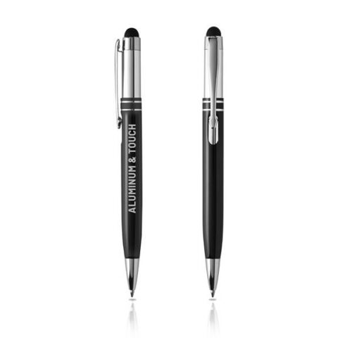 Esferográfica de alumínio e touch. Escrita preta e sistema push
