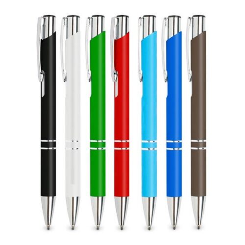 Esferográfica em alumínio e corpo com toque de borracha com 2 anéis