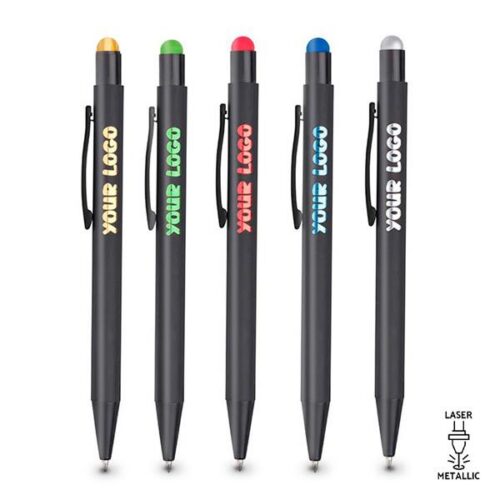 Esferográfica em alumínio com acabamento em borracha e touch colorido