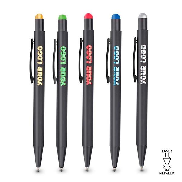 Esferográfica em alumínio com acabamento em borracha e touch colorido