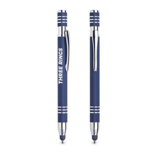 Esferográfica em alumínio, com acabamento em borracha e touch.