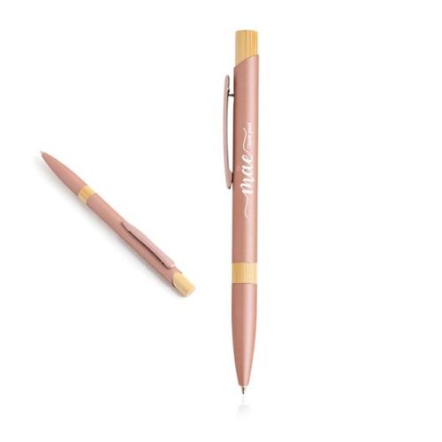 Esferográfica em alumínio reciclado, detalhes em bambu