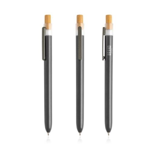 Esferográfica em PC dos oceanos, com corpo de cor sólida e botão em bambu