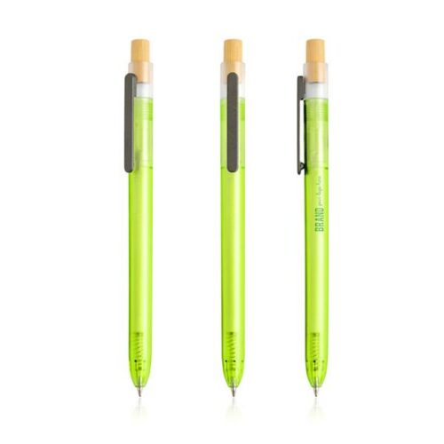 Esferográfica em PC dos oceanos, com corpo de cor translucida e botão em bambu