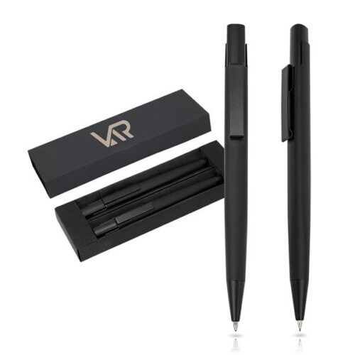 Conjunto de esferográfica e lapiseira de alumínio em estojo de oferta.