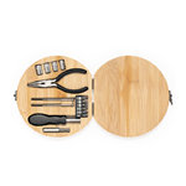 Set de ferramentas apresentado em resistente caixa de bambu com fecho metálico. - Imagem de 3