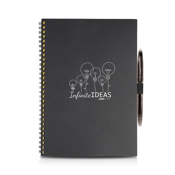 Bloco infinito A5 com esferográfica e pano de limpeza